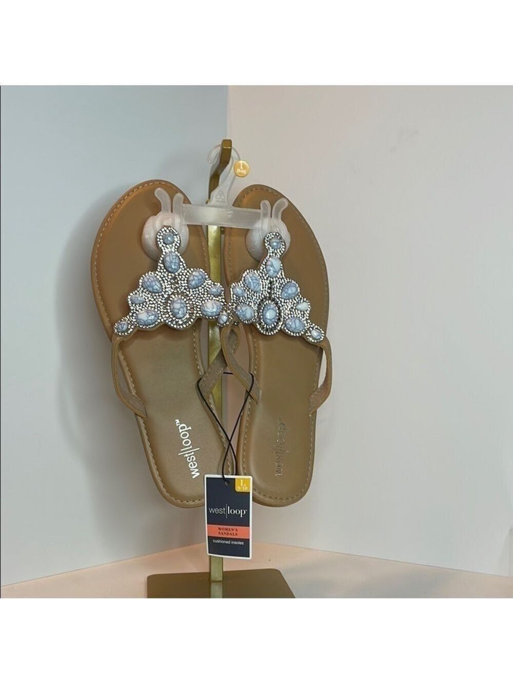 West Loop Tan and Silver Sandals with Jewel Embellishments